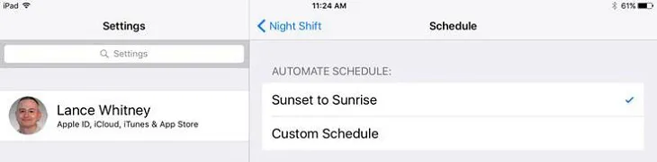 Thiết lập Night Shift hoạt động từ Sunset to Sunrise