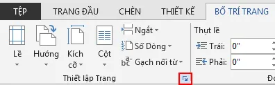 Trên tab BỐ TRÍ TRANG, biểu tượng Thiết lập Trang ở phía dưới bên phải sẽ mở cửa sổ Thiết lập Trang.